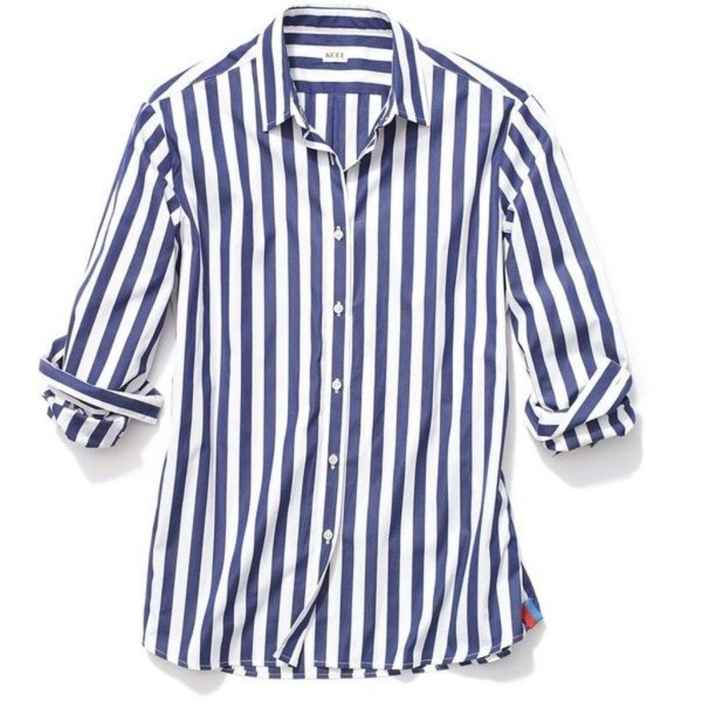 Kule Hutton Oversized Striped Cotton Poplin Shirt Blue and White XS